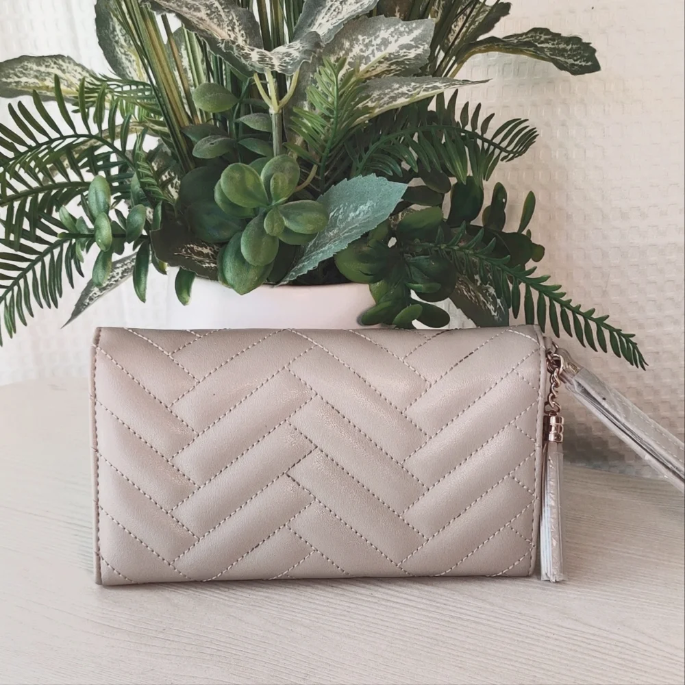 Bebe Women's Sand Beige Faux Leather Trifold Wristlet/Wallet
